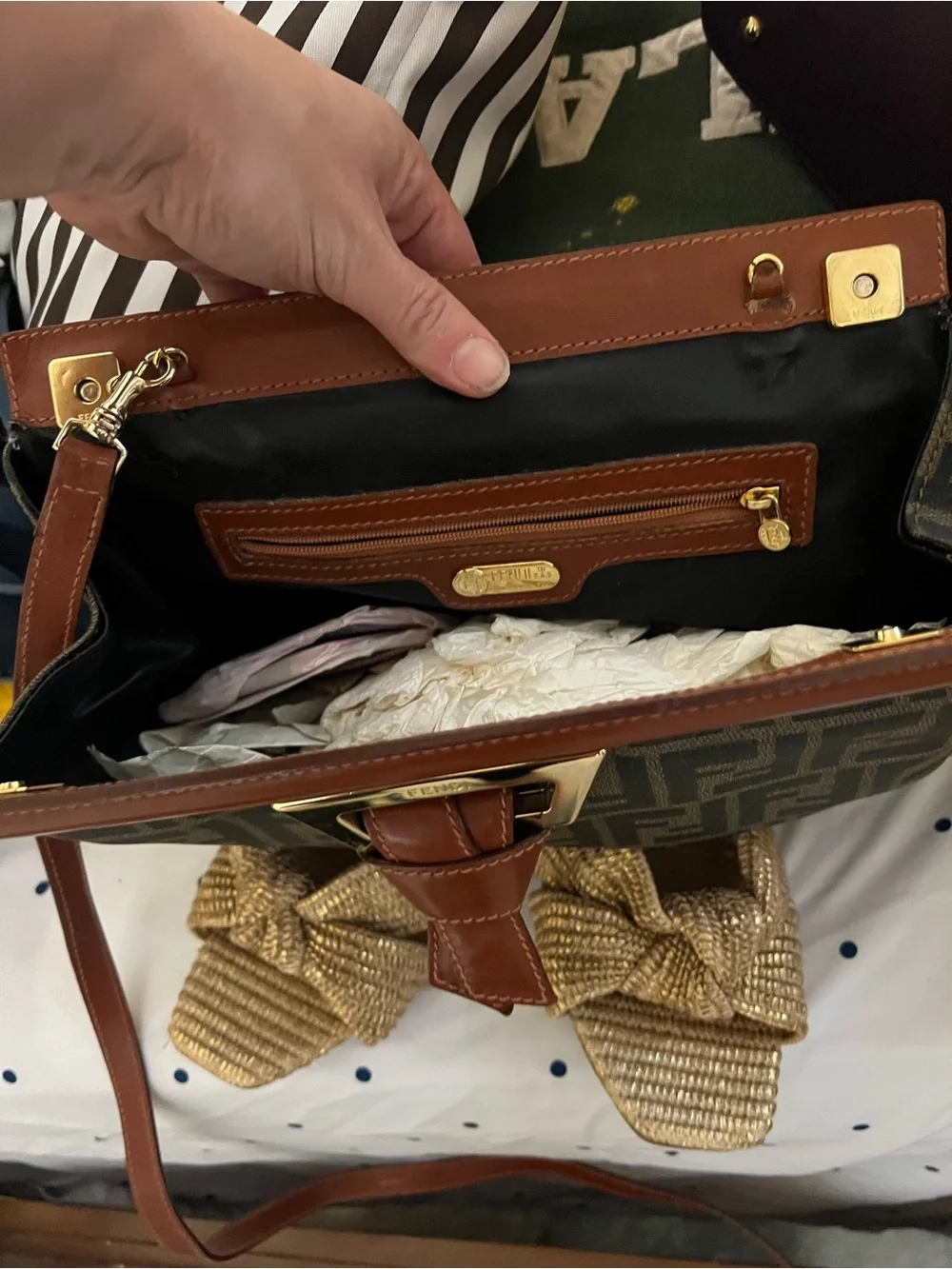 Fendi Brown FF Logo Satchel with Tan Leather Trim
